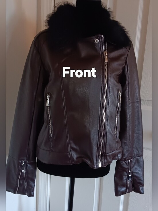Nicole Miller Jackets & Blazers - Nicole Miller Brown Faux Fur Trim Faux Leather Jacket Women's Size M NWT